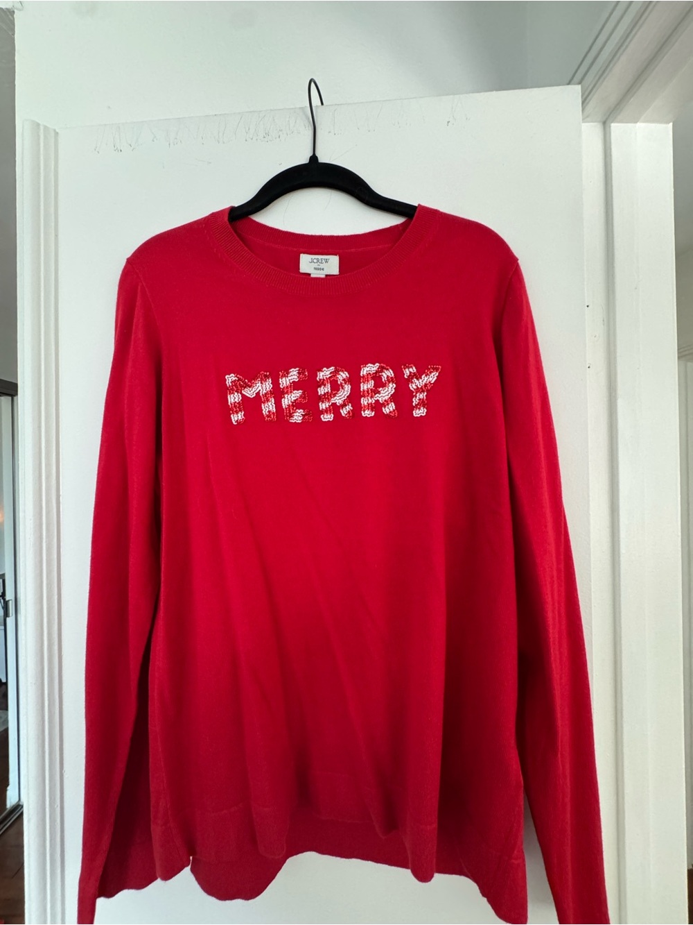 J. Crew Red "MERRY" Crewneck Sweater